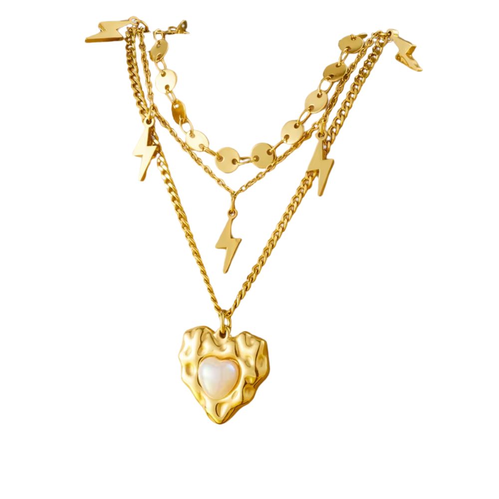 Collier à breloques doré avec coeur et éclairs