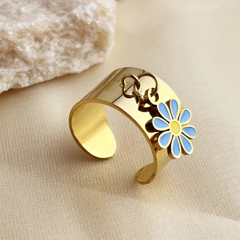Bague breloque ajustable à fleur turquoise et dorée