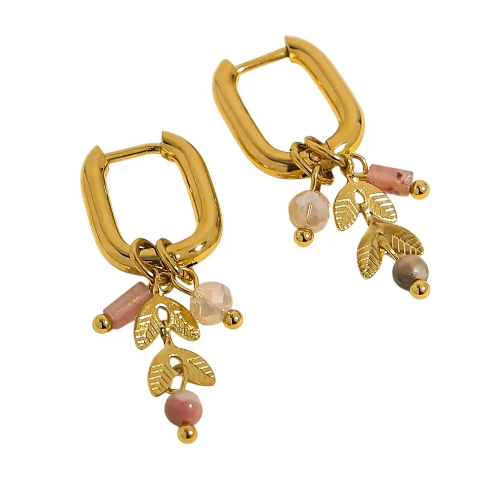 Boucles d'oreilles créoles à breloques roses et feuilles dorées