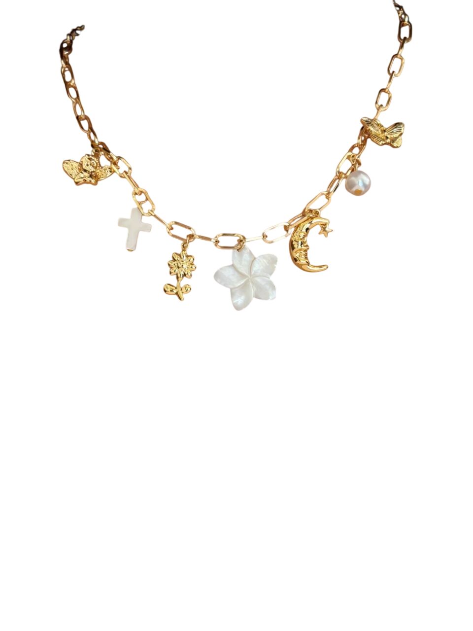 Collier breloque fleur blanche doré