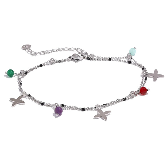 Bracelet à breloques croix argentées et pierres naturelles