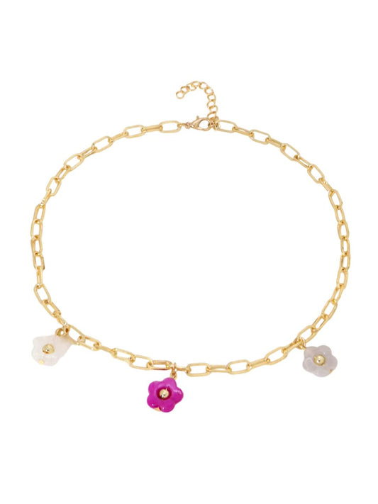 Collier breloques doré fleurs rose et blanche