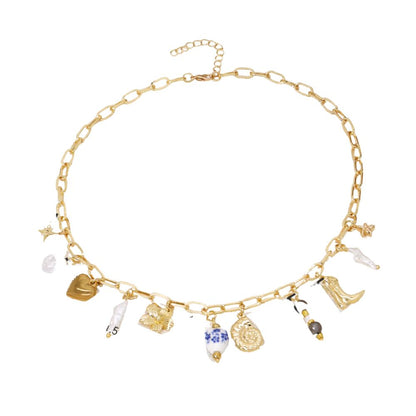 Collier breloque coquillage blanc et bleu doré