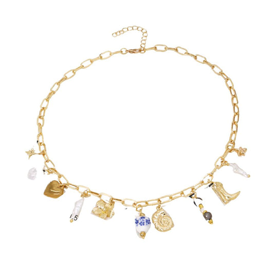Collier breloque coquillage blanc et bleu doré