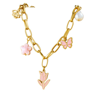 Collier à breloques doré et fleur rose