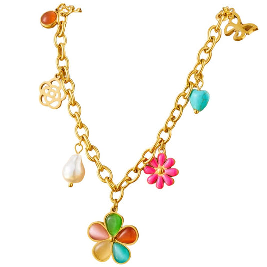 Collier à breloques doré et fleurs multicolores
