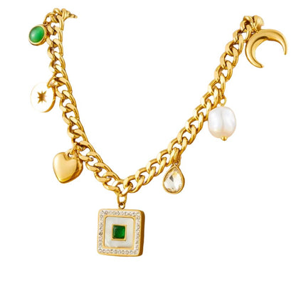 Collier à breloques doré, vert et pierres