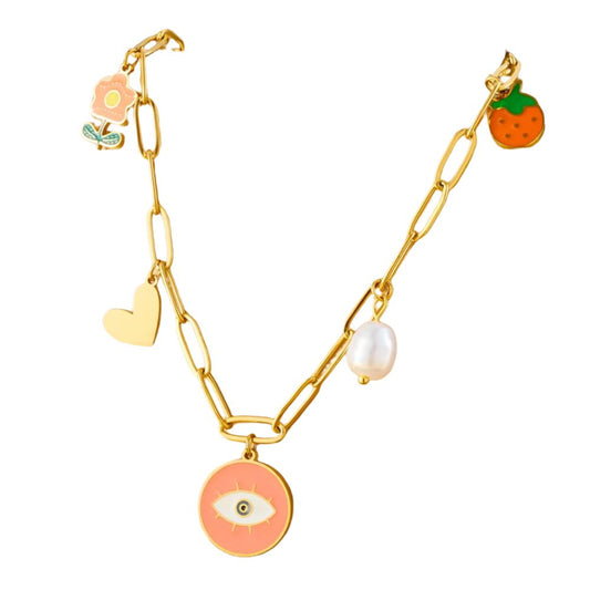 Collier à breloques doré et oeil rose