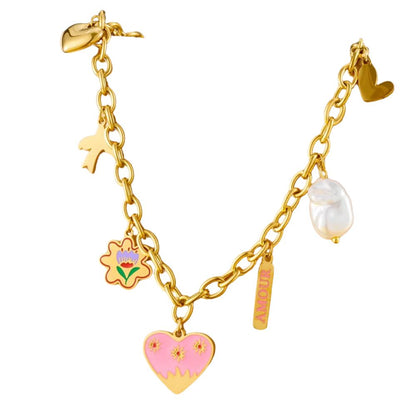 Collier à breloques doré et coeur rose