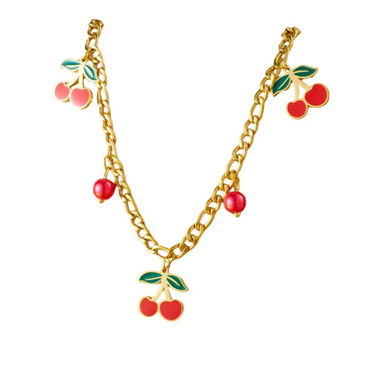 Collier à breloques doré et cerises