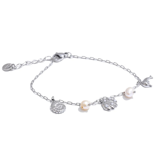 Bracelet à breloques avec coquillage perlé argenté