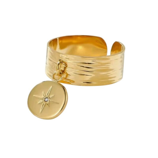 Bague breloque ajustable à médaille dorée avec étoile