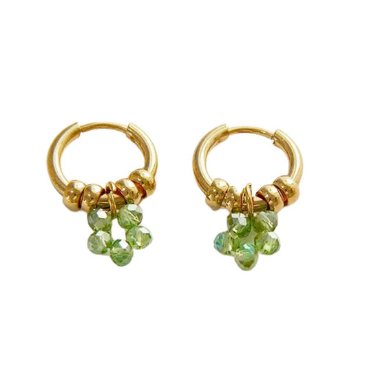 Boucles d'oreilles créoles à breloques vertes et clips dorés