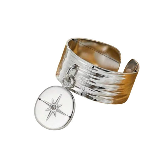 Bague breloque ajustable à médaille argentée avec étoile