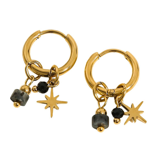 Boucles d'oreilles créoles à breloques noires et étoile doré