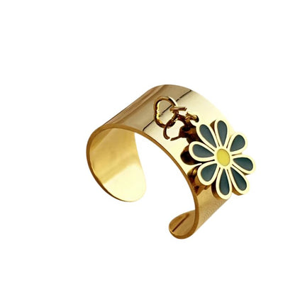 Bague breloque ajustable à fleur verte et dorée