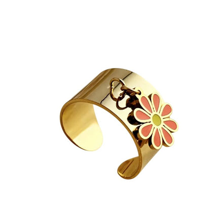 Bague breloque ajustable à fleur rouge et dorée