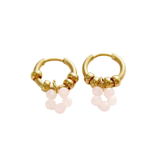 Boucles d'oreilles créoles à breloque roses et clips dorés