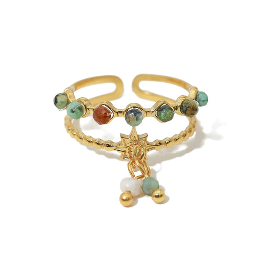 Bague à breloques blanches et vertes dorée