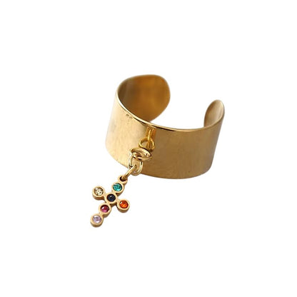 Bague breloque croix multicolore dorée