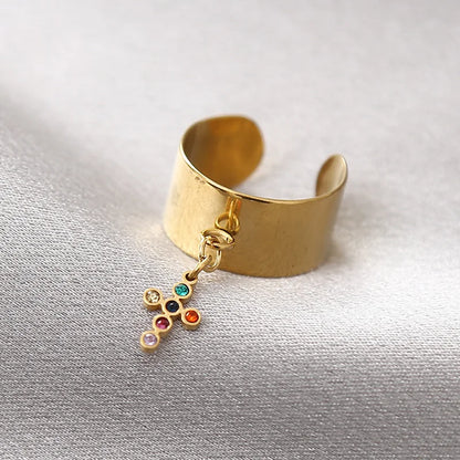 Bague breloque croix multicolore dorée