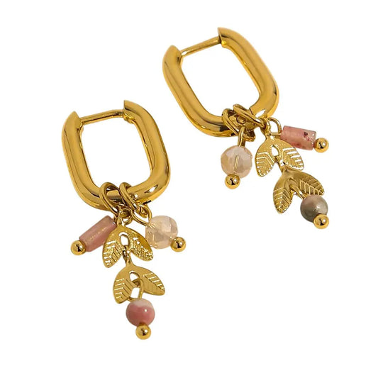 Boucles d'oreilles créoles à breloques roses et feuilles dorées