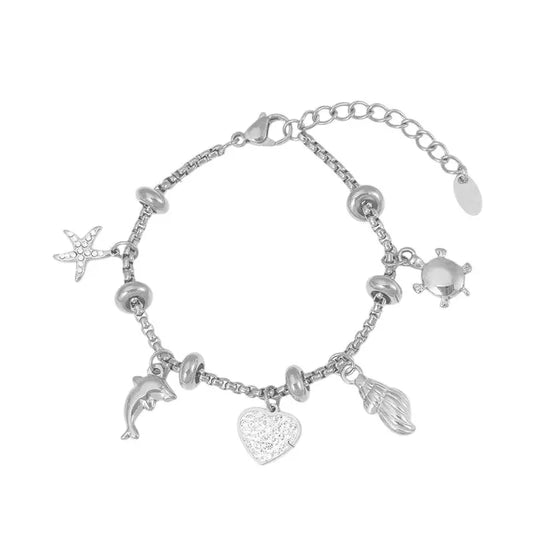 Bracelet à breloques argenté avec clips et coeur