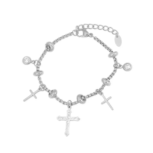 Bracelet à breloques argenté avec clips et croix