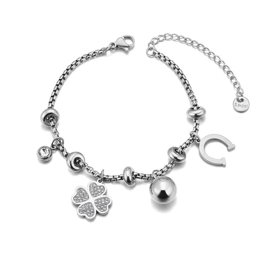 Bracelet à breloques argenté avec clips et trèfle à 4 feuilles