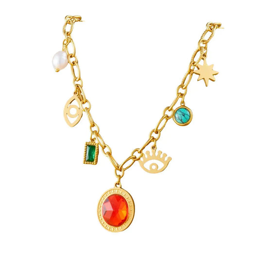 Collier à breloques avec pierre rouge et doré