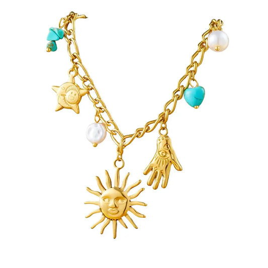 Collier à breloques doré avec soleil souriant