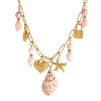 Collier à breloques et coquillage blanc et rose