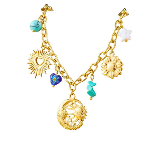 Collier à breloques soleil et lune doré
