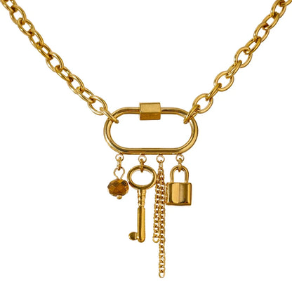 Collier breloques doré cadenas et clé