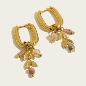 Boucles d'oreilles créoles à breloques roses et feuilles dorées