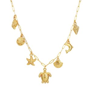 Collier doré à breloques tortue de mer et coquillages