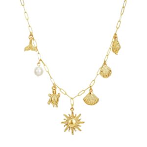Collier doré à breloques soleil, coquillages et mer