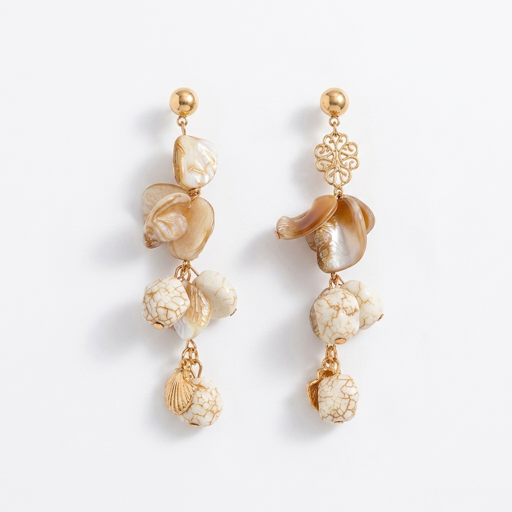 Boucles d'oreilles breloques beige marin avec coquillages et perles, style bohème chic pour un look estival.