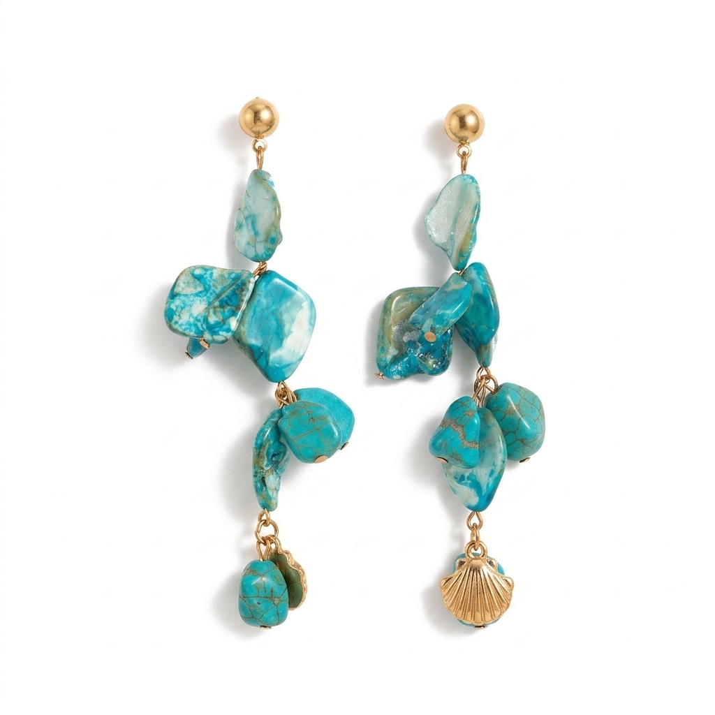 Boucles d'oreilles breloques turquoise, style bohème, ornées de coquillages dorés, parfaites pour un look estival.