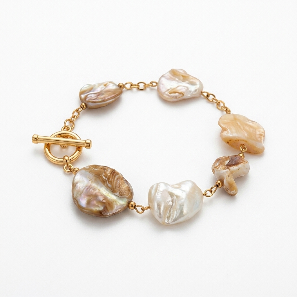 Bracelet bohème doré avec breloques irrégulières en nacre naturelle aux reflets irisés.