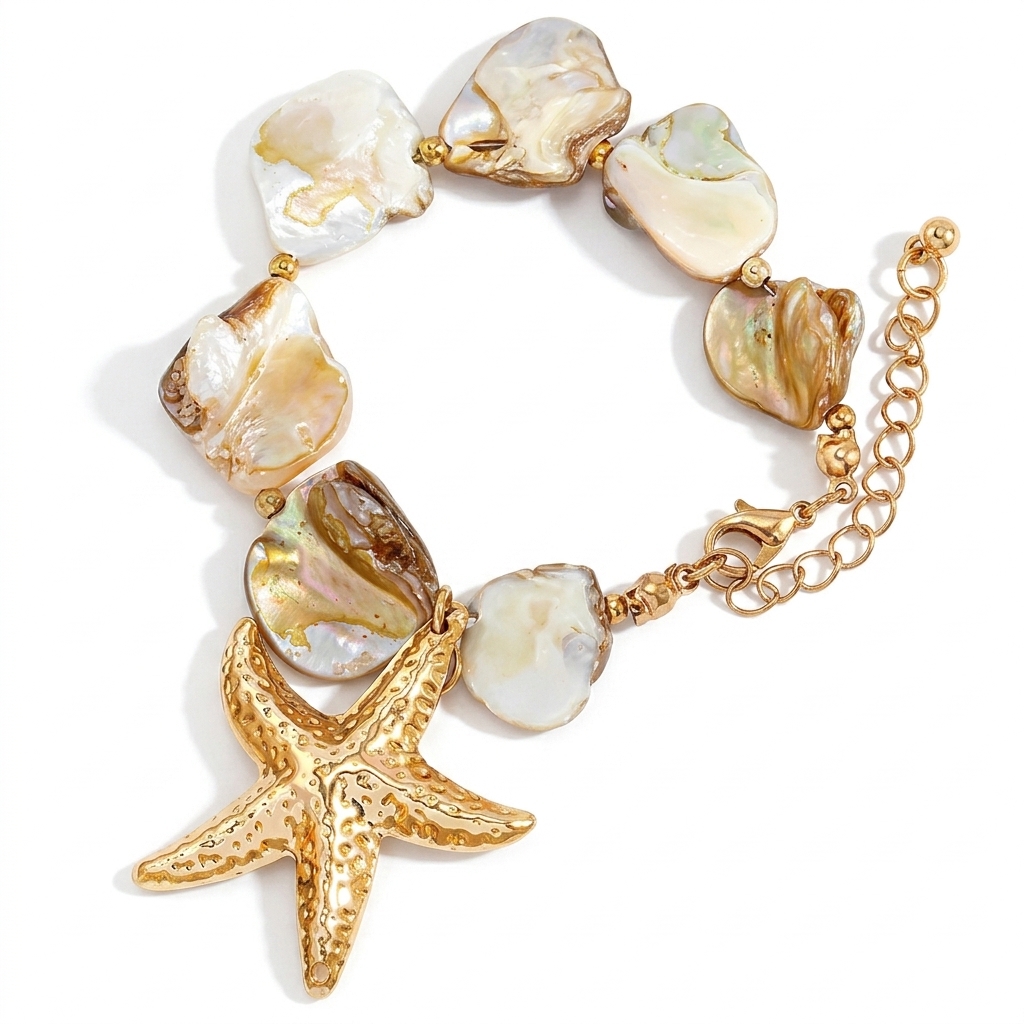 Bracelet bohème doré avec breloques nacre et étoile de mer, style plage chic.