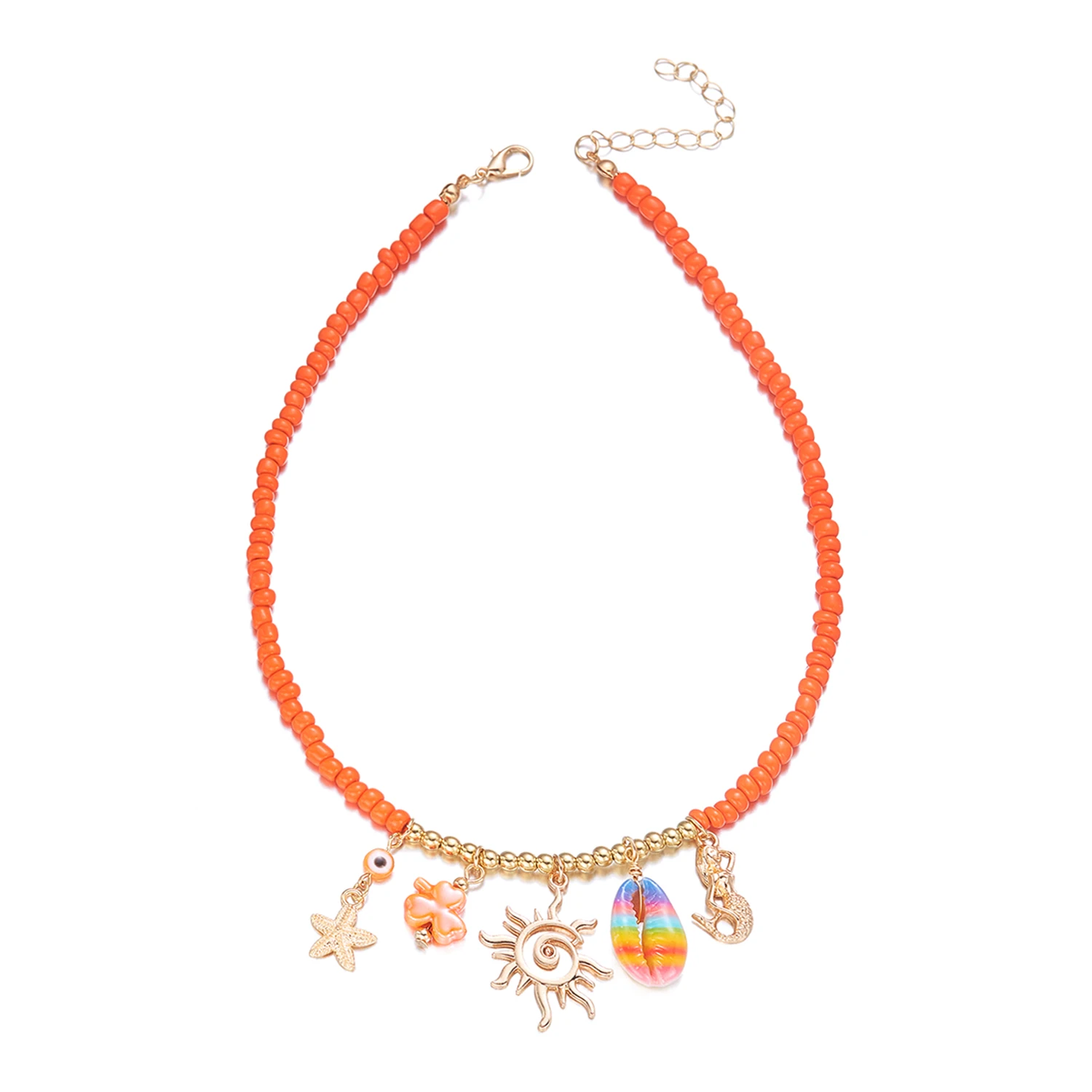 Collier orange à breloques coquillage et sirène