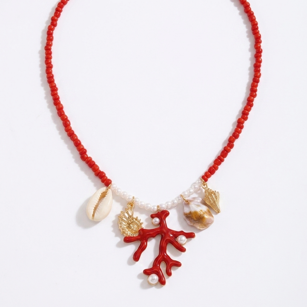 Collier orange à breloques coquillage et sirène – Image 3