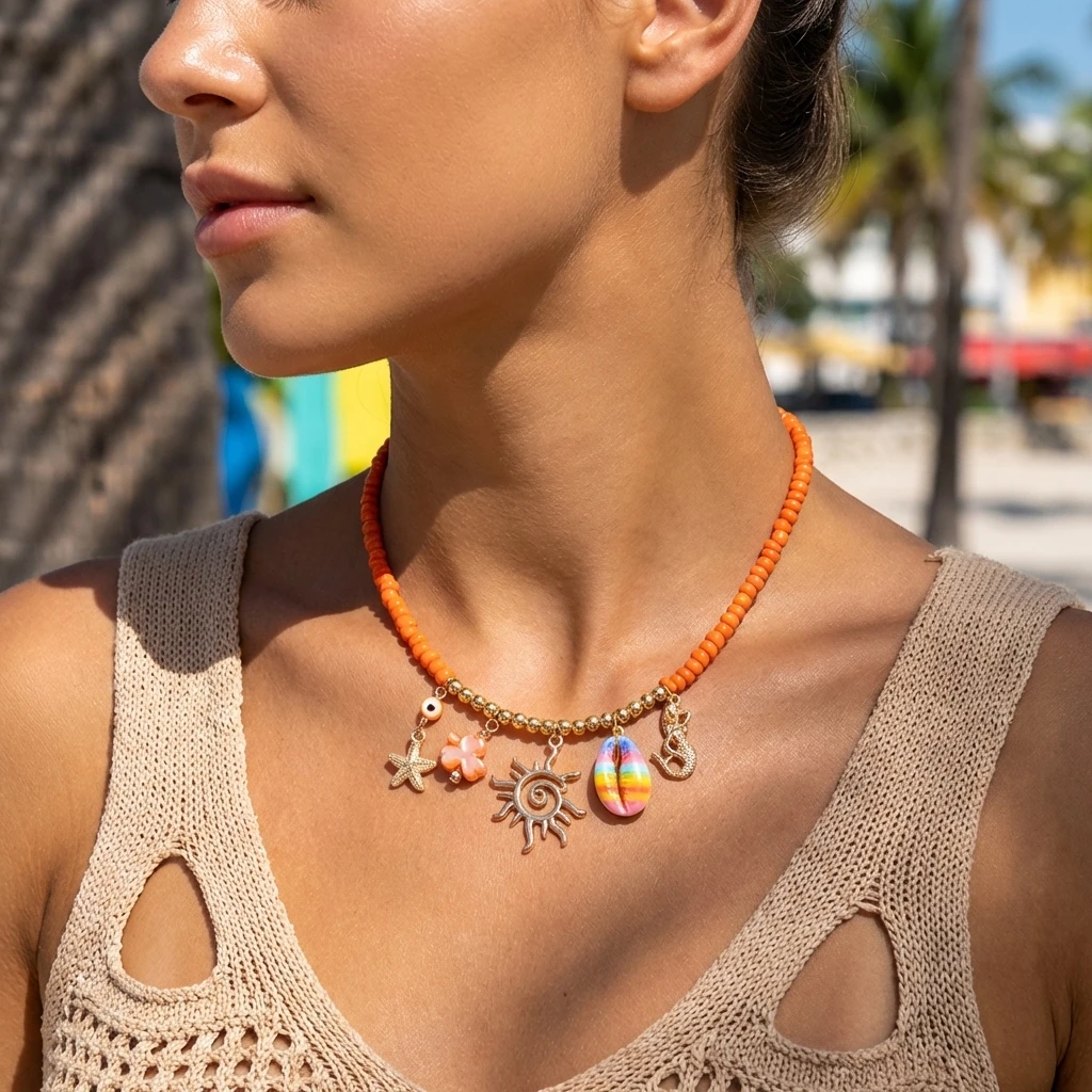 Collier orange à breloques coquillage et sirène – Image 4