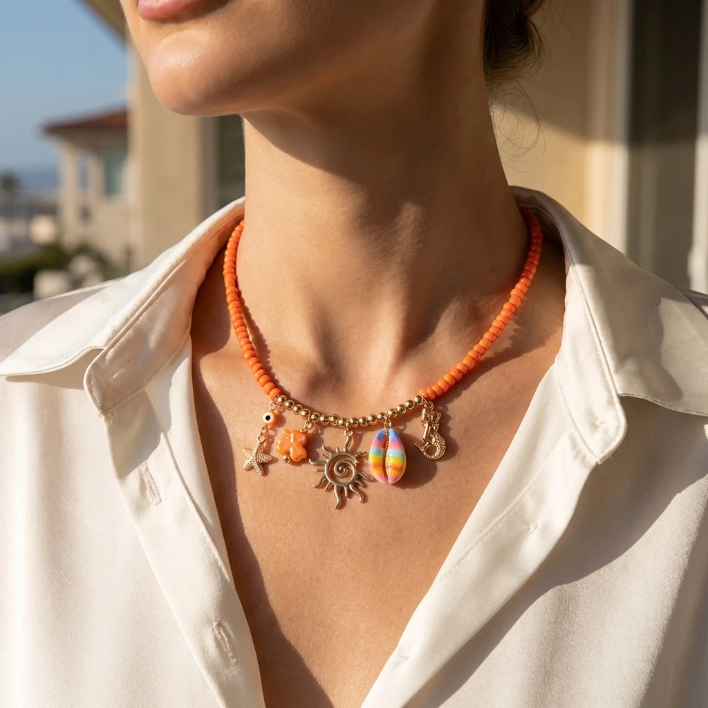 Collier orange à breloques coquillage et sirène – Image 5