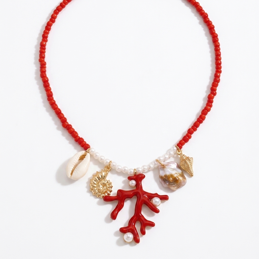 Collier rouge à breloques coquillage et sirène