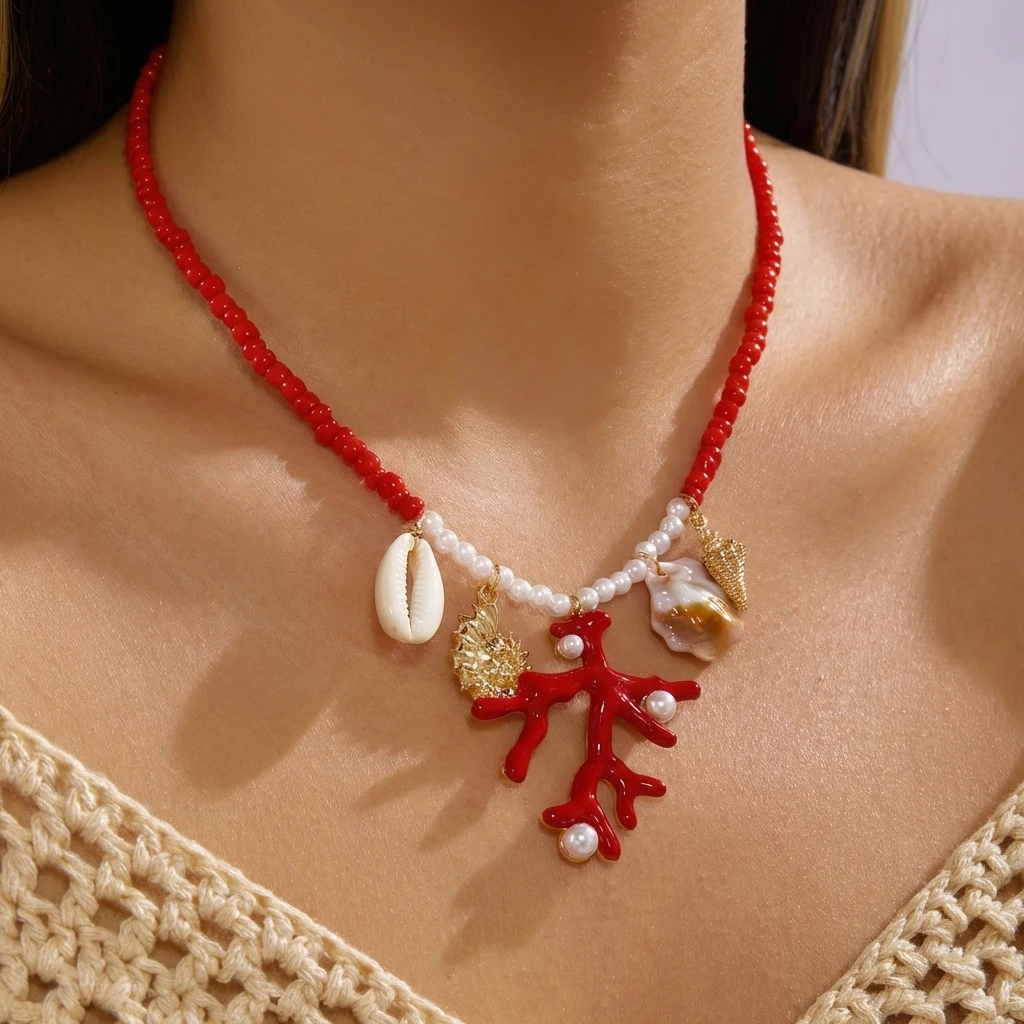 Collier rouge à breloques coquillage et sirène – Image 3