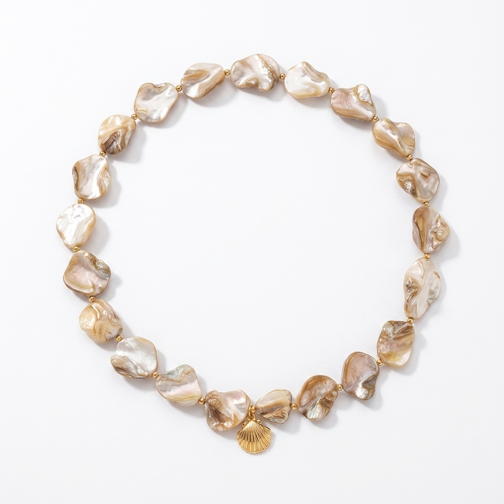 Collier breloque nacre beige tissée, avec pendentif coquillage doré, bijou élégant et naturel.