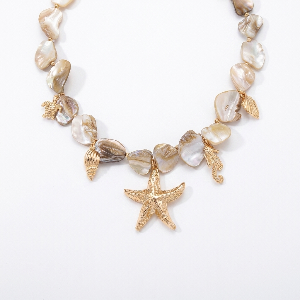 Collier breloque nacre dorée, coquillages et étoile de mer, style bohème chic.