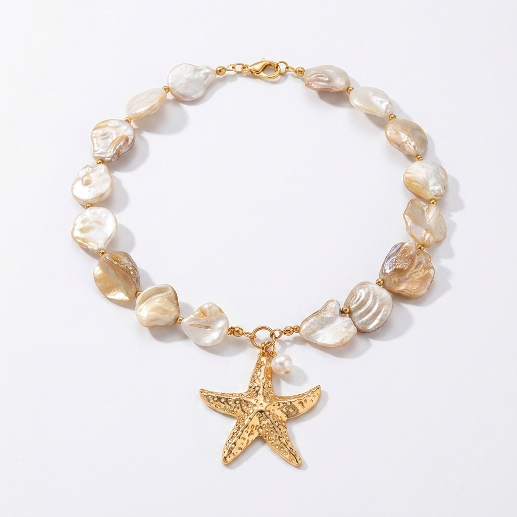 Collier breloque nacre dorée, orné d'une étoile de mer, style bohème chic, parfait pour un look estival.